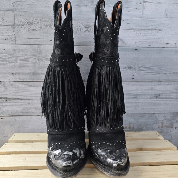 Dan Post Mid Calf Suede Leather Fringe Western Black Boots Size 6 - Picture 4 of 16
